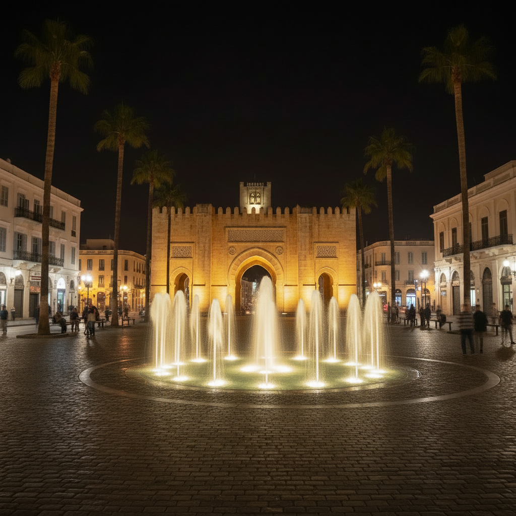 Night view of Bab el Bhar fountain in Tunis illuminated with lights