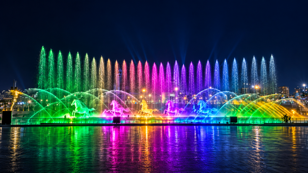 A fonte musical do Lago Nômade Heritage, em Bishkek, estreia-se no Parque Central Real. 1 Nomad Heritage Lake Musical Fountain in Bishkek